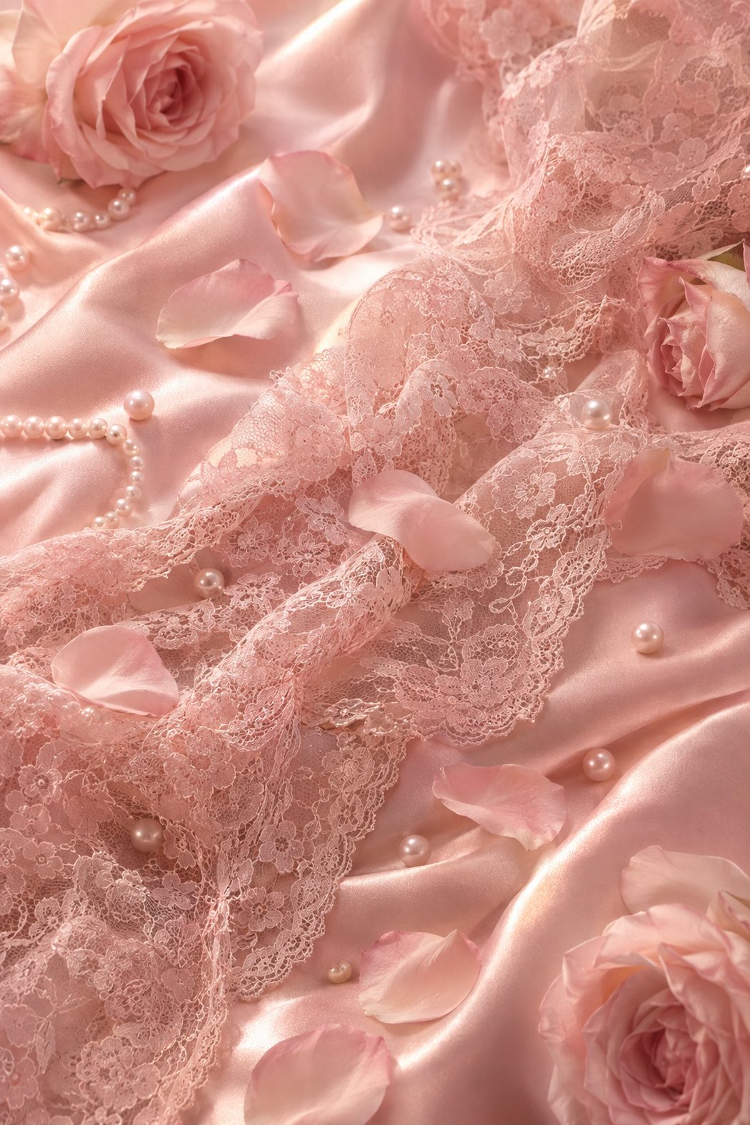 Blush pink Chantilly lace and satin with scattered rose petals and pearls — the signature aesthetic of exposed sissy Zoe Simpson